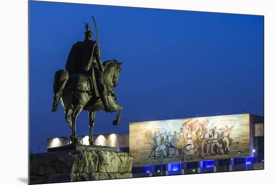 Albania, Tirana, Skanderbeg Square, Statue of Skanderbeg and National Historical Museum, Dusk-Walter Bibikow-Mounted Premium Photographic Print