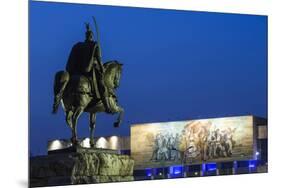 Albania, Tirana, Skanderbeg Square, Statue of Skanderbeg and National Historical Museum, Dusk-Walter Bibikow-Mounted Premium Photographic Print