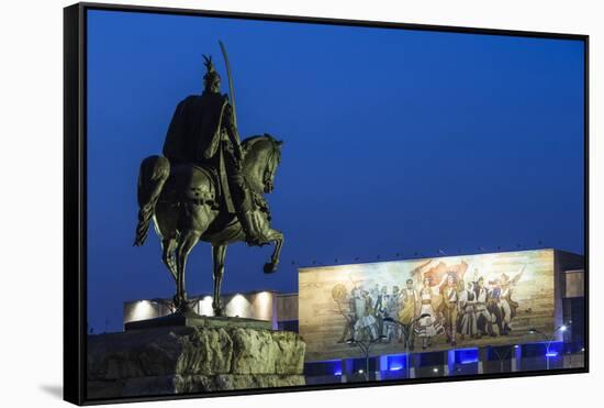 Albania, Tirana, Skanderbeg Square, Statue of Skanderbeg and National Historical Museum, Dusk-Walter Bibikow-Framed Stretched Canvas