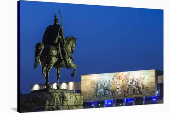 Albania, Tirana, Skanderbeg Square, Statue of Skanderbeg and National Historical Museum, Dusk-Walter Bibikow-Stretched Canvas