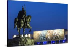 Albania, Tirana, Skanderbeg Square, Statue of Skanderbeg and National Historical Museum, Dusk-Walter Bibikow-Stretched Canvas