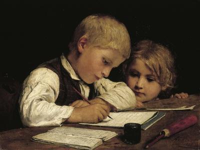 A Boy Writing; Schreibender Knabe Mit Schwesterchen, 1875