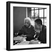 Albert Einstein, in Discussion with Robert Oppenheimer in Office Institute for Advanced Study-Alfred Eisenstaedt-Framed Premium Photographic Print