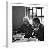 Albert Einstein, in Discussion with Robert Oppenheimer in Office Institute for Advanced Study-Alfred Eisenstaedt-Framed Premium Photographic Print