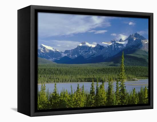 Alberta, Banff National Park, Mount Sarbach and Kaufmann Peaks Rise Above North Saskatchewan River-John Barger-Framed Stretched Canvas