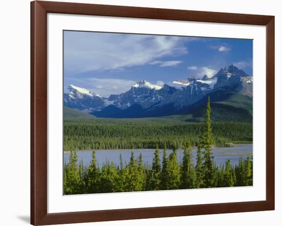 Alberta, Banff National Park, Mount Sarbach and Kaufmann Peaks Rise Above North Saskatchewan River-John Barger-Framed Photographic Print