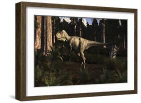 Albertosaurus Sarcophagus Wanders a Prehistoric Forest-null-Framed Art Print