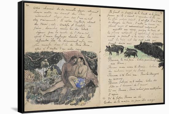 Album Ancien culte Mahori : un couple assis et troupeau de cochons-Paul Gauguin-Framed Stretched Canvas