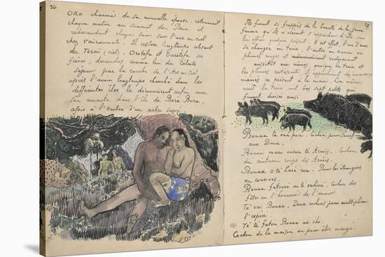 Album Ancien culte Mahori : un couple assis et troupeau de cochons-Paul Gauguin-Stretched Canvas