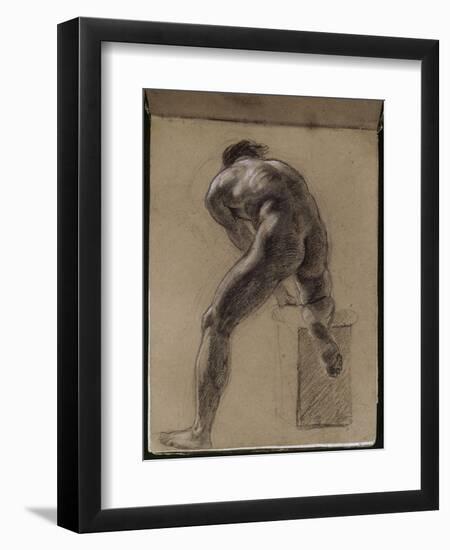 Album cartonné; Académie d'homme nu de dos, penché en avant, le genou droit sur un billot; vers-Eugene Delacroix-Framed Premium Giclee Print