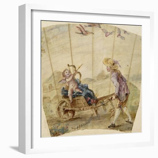 Album factice :Fragment d'éventail: jeune homme poussant une brouette où est assis un amour-null-Framed Giclee Print