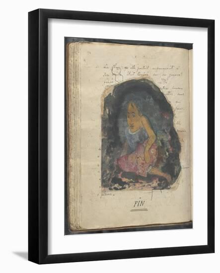 Album Noa Noa : Texte manuscrit et femme Polynésienne assise de trois-quart sur le sol : fin-Paul Gauguin-Framed Giclee Print
