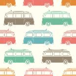 Retro, Vintage, Travel, Camper Van, with Surfing Board, Seamless Pattern. Vector Illustration.-Aleksandrs Bondars-Art Print