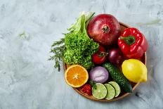 Colorful Still Life of Fresh Organic Fruits and Vegetables on Wooden Plate over White Background, S-aleksey_rezin-Photographic Print