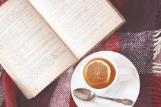 Cup of Hot Tea and Reading on a Blanket, Instagram Style Toned. Top View Point.-alenkasm-Photographic Print