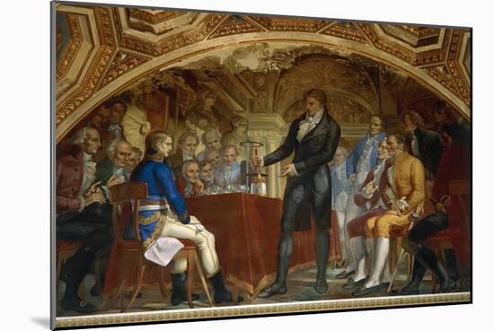 Alessandro Volta Presenting Experiment of Battery to Napoleon and Members of Institute De France-null-Mounted Giclee Print