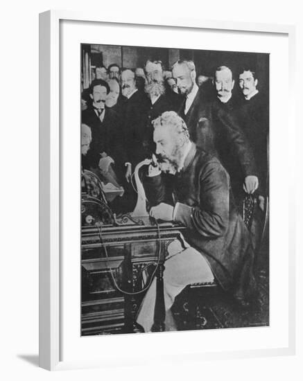 Alexander Graham Bell Inaugurating the New York Chicago Telephone Line While Others Look On-null-Framed Premium Photographic Print