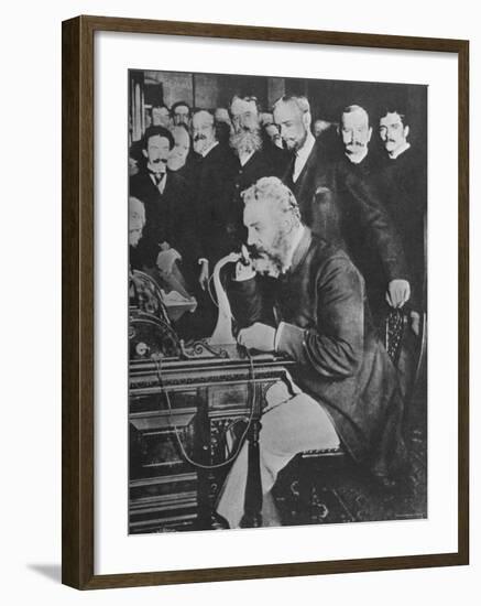 Alexander Graham Bell Inaugurating the New York Chicago Telephone Line While Others Look On-null-Framed Premium Photographic Print