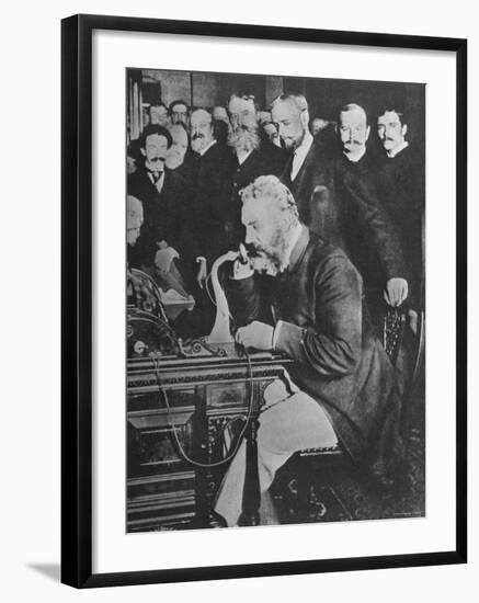 Alexander Graham Bell Inaugurating the New York Chicago Telephone Line While Others Look On-null-Framed Premium Photographic Print