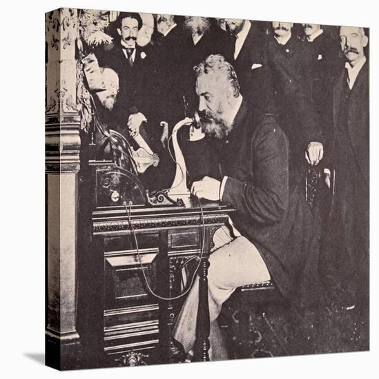 Alexander Graham Bell Making the First Call Between New York and Chicago, 1892 (B/W Photo)-American Photographer-Stretched Canvas
