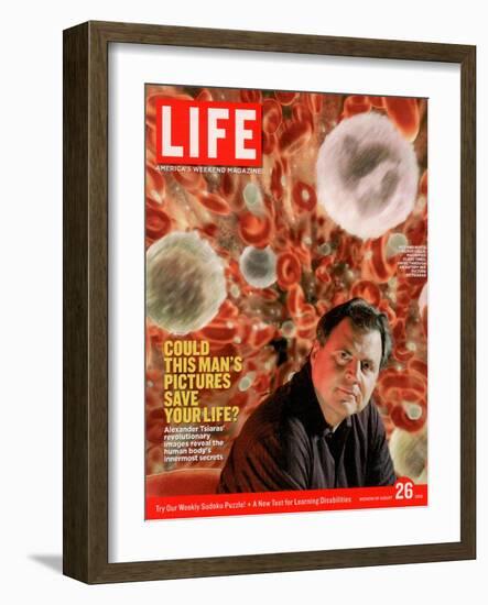 Alexander Tsiaras in Front of Computer Enhanced Visualization of Blood Cells, August 26, 2005-Joseph Astor-Framed Photographic Print