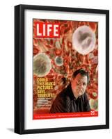 Alexander Tsiaras in Front of Computer Enhanced Visualization of Blood Cells, August 26, 2005-Joseph Astor-Framed Photographic Print