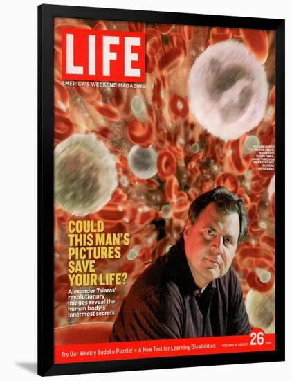 Alexander Tsiaras in Front of Computer Enhanced Visualization of Blood Cells, August 26, 2005-Joseph Astor-Framed Photographic Print