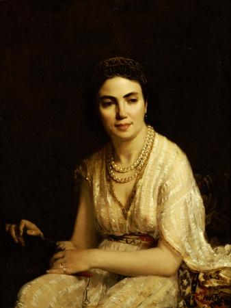 Portrait of a Woman Wearing a Pearl Necklace and Holding a Fan