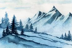 Watercolor Illustration. Winter Mountains Landscape, Trees, Sky.-AlexGreenArt-Stretched Canvas