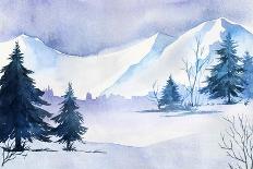 Winter Landscape. Watercolor Landscape Illustration. Christmas Background.-AlexGreenArt-Framed Stretched Canvas