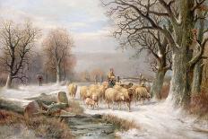 Shepherdess with Her Flock in a Winter Landscape-Alexis De Leeuw-Framed Stretched Canvas