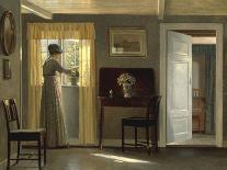 A Woman watering a Plant by a Window, 1915-Alfred Broge-Framed Stretched Canvas