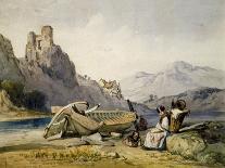 Figures and a Boat on the Shore of a Lake, a House and Ruined Castle in the Background, C1830S-Alfred Gomersal Vickers-Stretched Canvas