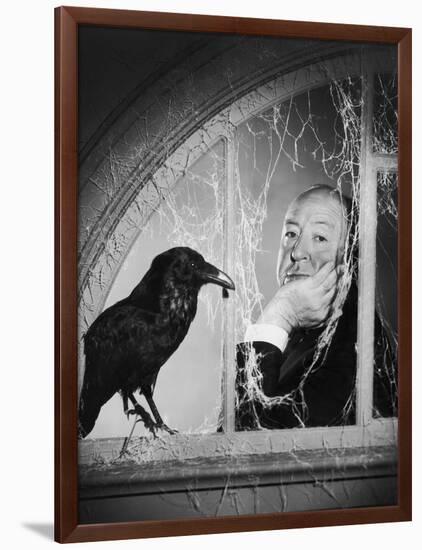 Alfred Hitchcock, photo pour la sortie du fim Les Oiseaux, 1963 (b/w photo)-null-Framed Photo