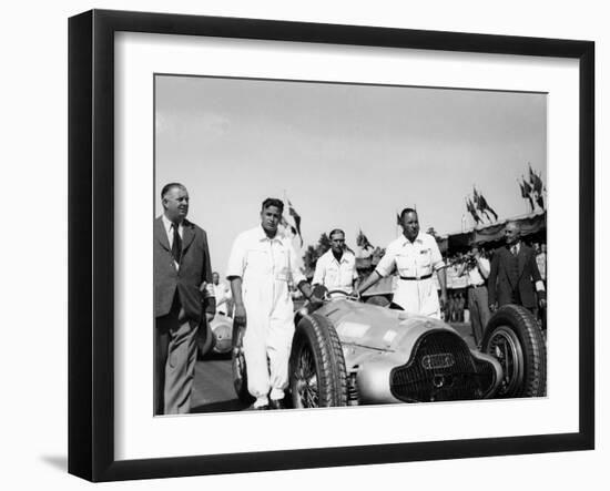 Alfred Neubauer with Mercedes Car at the Start of the Italian Grand Prix, Monza, 1938-null-Framed Photographic Print