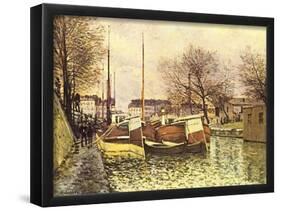 Alfred Sisley (Barges on the Canal Saint-Martin in Paris) Art Poster Print-null-Framed Poster