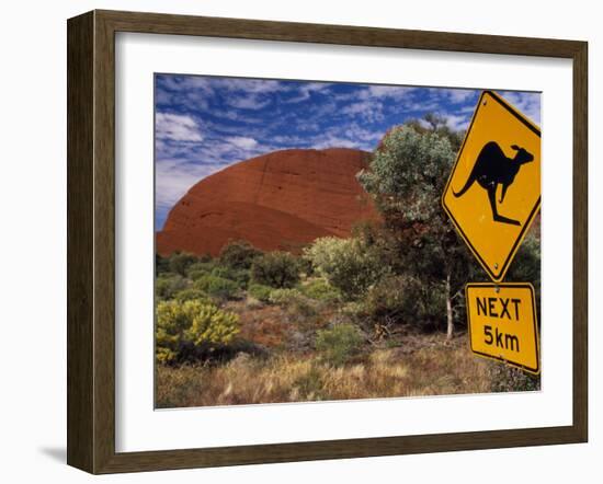 Alice Springs, Traffic Sign Beside Road Through Outback, Red Rocks of Olgas Behind, Australia-Amar Grover-Framed Premium Photographic Print