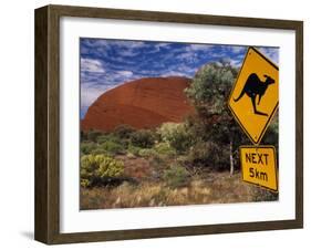 Alice Springs, Traffic Sign Beside Road Through Outback, Red Rocks of Olgas Behind, Australia-Amar Grover-Framed Premium Photographic Print
