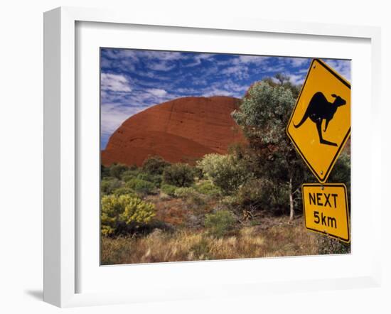 Alice Springs, Traffic Sign Beside Road Through Outback, Red Rocks of Olgas Behind, Australia-Amar Grover-Framed Premium Photographic Print