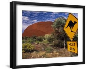 Alice Springs, Traffic Sign Beside Road Through Outback, Red Rocks of Olgas Behind, Australia-Amar Grover-Framed Photographic Print