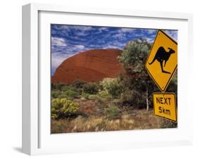 Alice Springs, Traffic Sign Beside Road Through Outback, Red Rocks of Olgas Behind, Australia-Amar Grover-Framed Photographic Print