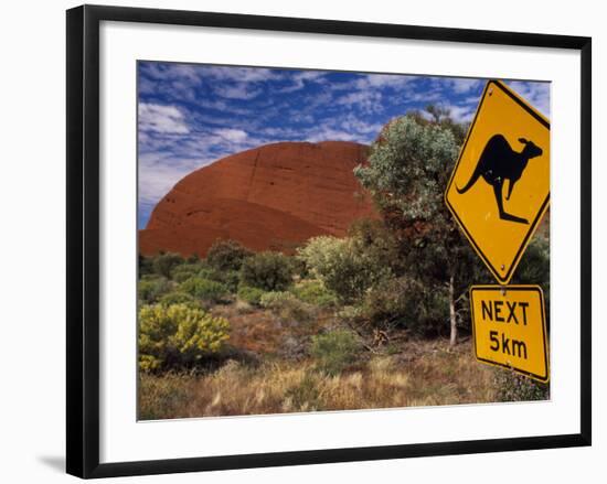 Alice Springs, Traffic Sign Beside Road Through Outback, Red Rocks of Olgas Behind, Australia-Amar Grover-Framed Photographic Print