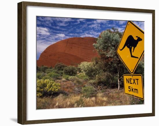 Alice Springs, Traffic Sign Beside Road Through Outback, Red Rocks of Olgas Behind, Australia-Amar Grover-Framed Photographic Print