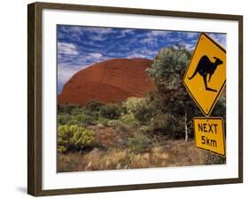 Alice Springs, Traffic Sign Beside Road Through Outback, Red Rocks of Olgas Behind, Australia-Amar Grover-Framed Photographic Print