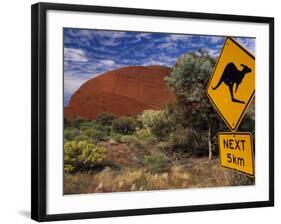 Alice Springs, Traffic Sign Beside Road Through Outback, Red Rocks of Olgas Behind, Australia-Amar Grover-Framed Photographic Print