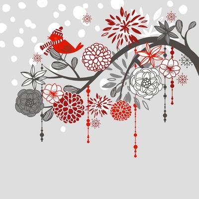 A Winter Branch with a Bird and falling Snow. Red and Grey Colors