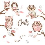 Owls, Trendy Card with Owls Sitting on the Brunches-Alisa Foytik-Art Print