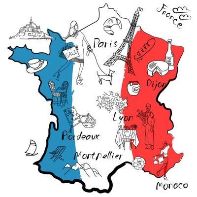 Stylized Map of France. Things that Different Regions in France are Famous For.