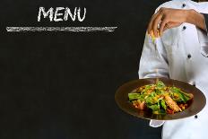 Chef with Healthy Salad Food on Chalk Blackboard Menu Background-alistaircotton-Framed Stretched Canvas