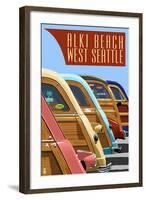 Alki Beach, West Seattle, WA - Woodies Lined Up-Lantern Press-Framed Art Print